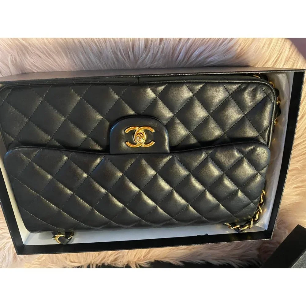 100% Authentic CHANEL Quilted Double Flap Jumbo Lambskin Black Shoulder Bag - Picture 5 of 16